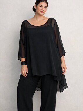 Fiorella Rubino  Formal Occasion Black Tunic Top Blouse With Sheer Overlay Large